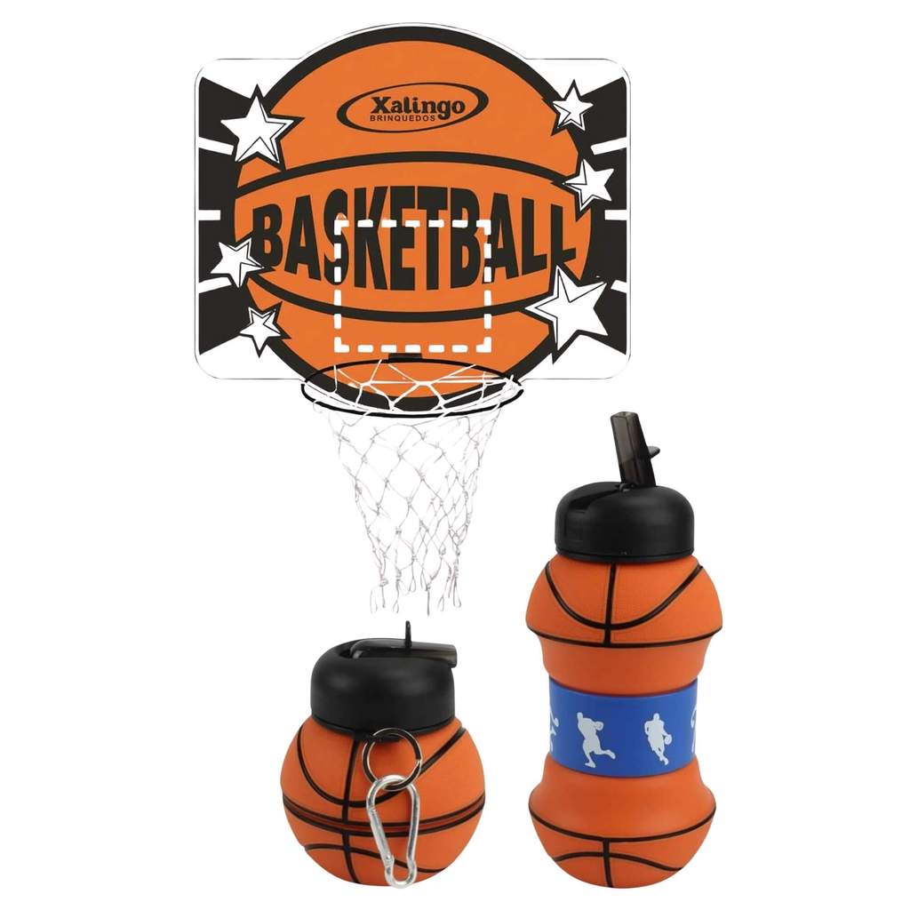 Kit Basquete Tabela MDF p/ Criança + Garrafa Dobrável de Bola 550ml
