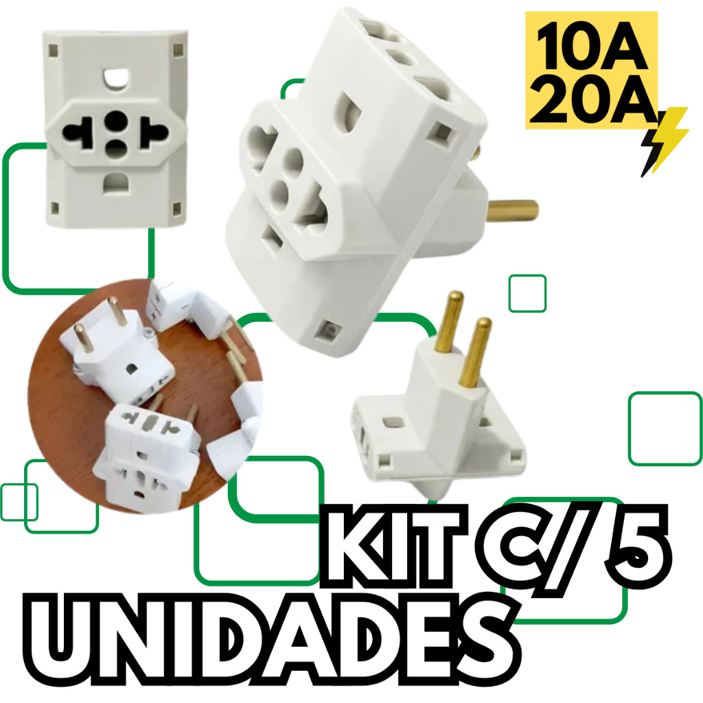 Imagem Kit 5 Adaptador de Tomada Benjamim Universal 10A e 20A Pino Maciço Reforçado