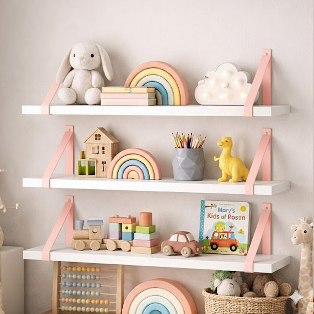 Prateleira Suspensa Para Quarto Infantil 60x15 Alça de Couro