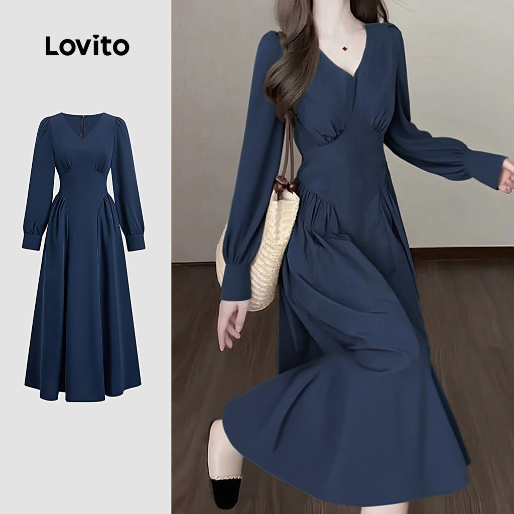 Lovito Vestido Casual de Pregas para Relaxamento Primavera/verão Azul-marinho para Mulheres L151AD109 em Oferta na Shopee