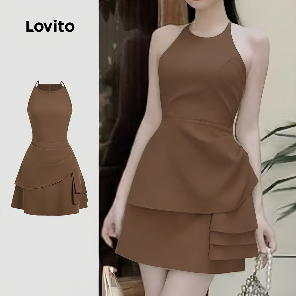 Lovito Vestido Casual Plissado Assimétrico Primavera/verão Marrom para Mulheres L164ED124 em Oferta na Shopee
