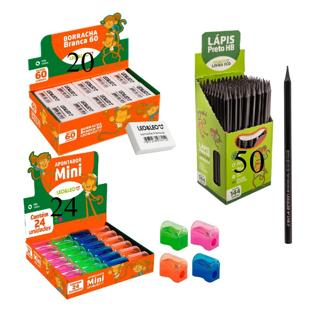 Kit 50 Lápis de Escrever + 20 Borracha n60 + 24 Apontador Mini com Depósito Leo&Leo