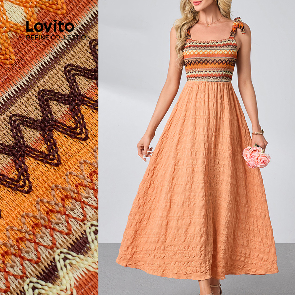 (Lovito Refine)  Vestido Boho com Amarração em Costura Laranja Primavera/verão para Mulheres LR29L035 em Oferta na Shopee