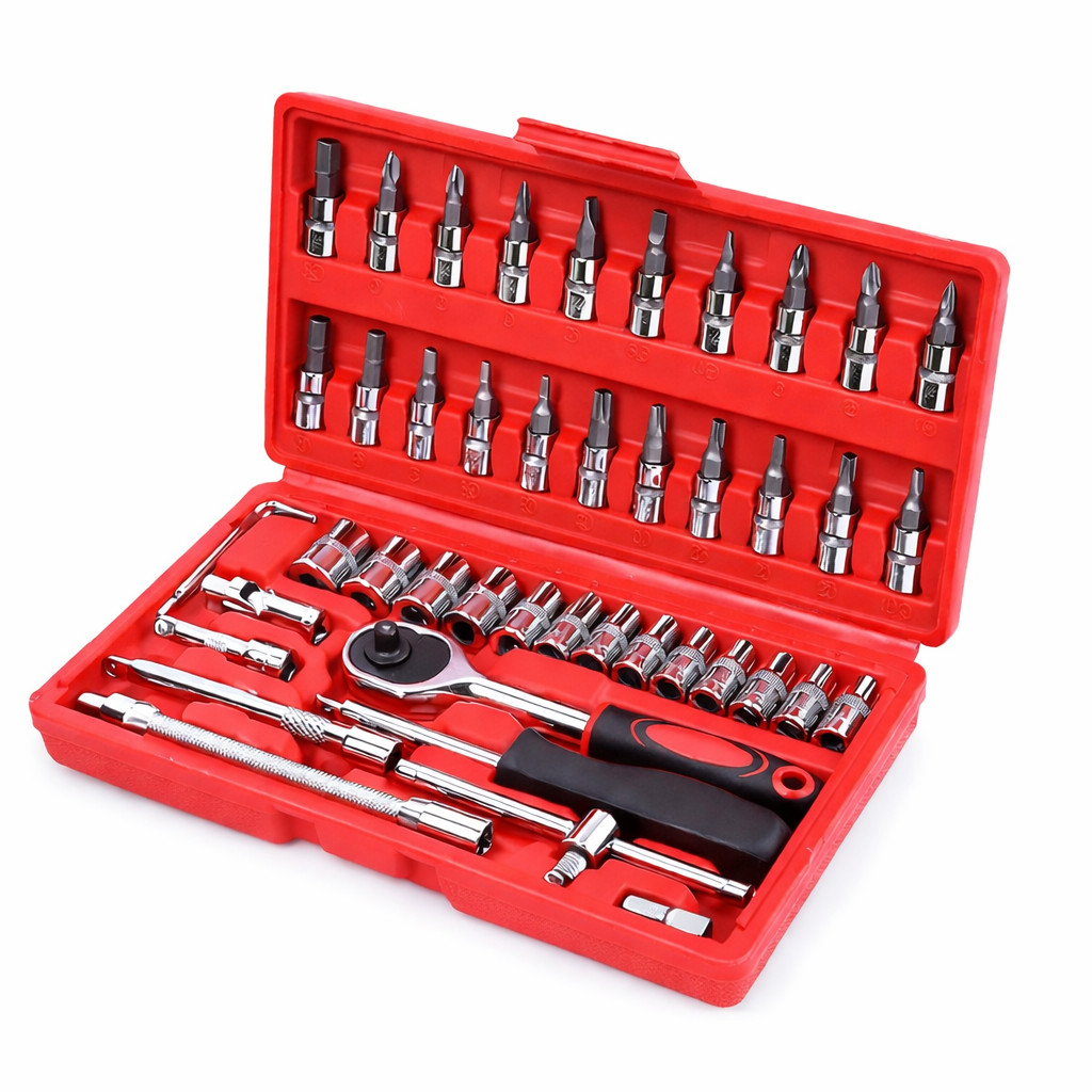 Kit Ferramentas 46 Pecas Profissional em Aco CR-V com Catraca Reversivel e Maleta Organizadora Alta Resistencia
