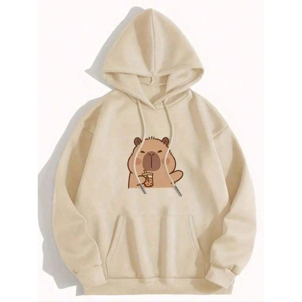 Moletom Canguru Estampado Capivara Fofa Moletom Confortável Algodão Flanelado Inverno Blusa de Frio