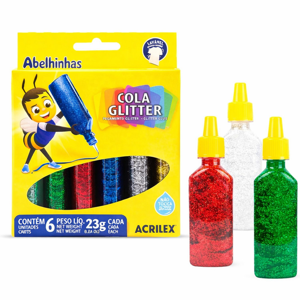 Cola Colorida Com Glitter Acrilex Com 6 Unidades De 23g Cola Colorida Com Glitter