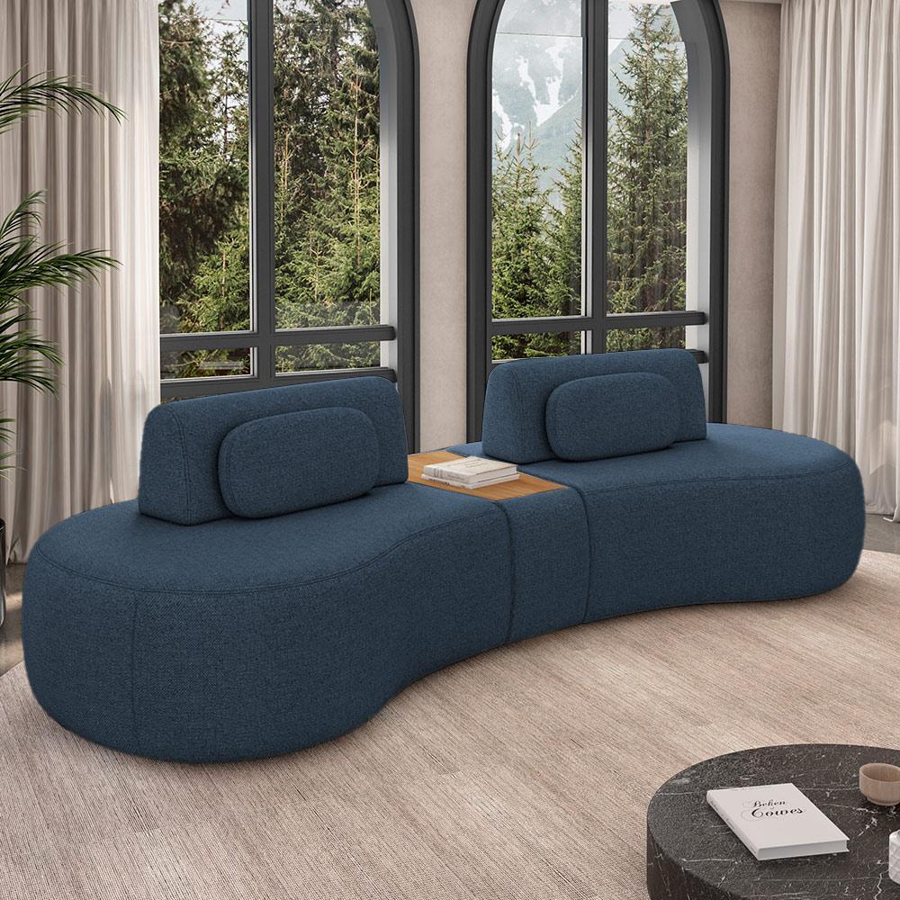 Imagem Sofá Sala de Estar Modulado França 302cm com Encosto Articulável Mesa Central e Almofadas Linho Azul G45 - Gran Belo