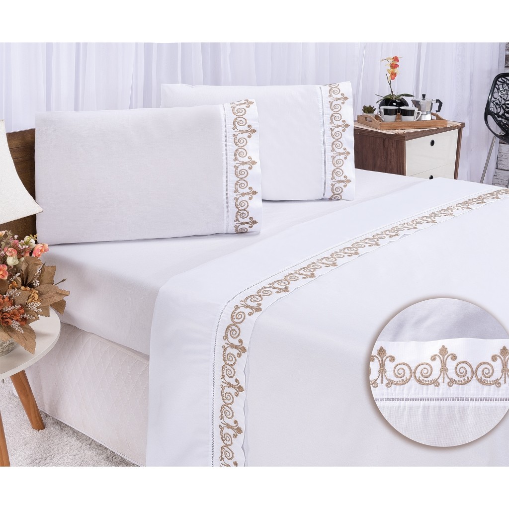 Jogo de Lençol Bordado para Cama Casal Queen Percal 400 Fios Toque de Algodão 4 peças