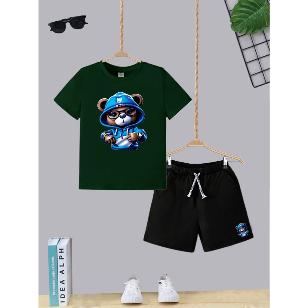 Kit Conjunto Infantil Short Com Bolso e Camiseta Algodão Urso Moletom Moda Teen Kids Juvenil