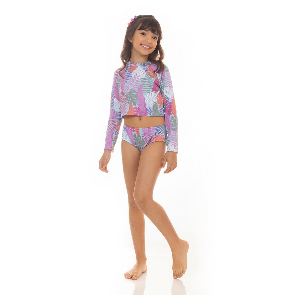 Conjunto Praia Lilás Biquini Infantil Menina Calcinha Com Forro Cropped Proteção UV50+ Sonho Tropical