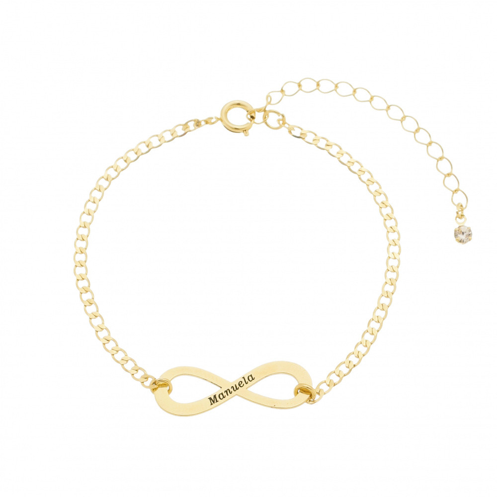 Pulseira Simbolo do Infinito Vazado e Nome Gravado Folheada a Ouro 18k | Feminino | Antialérgico | Semijoia