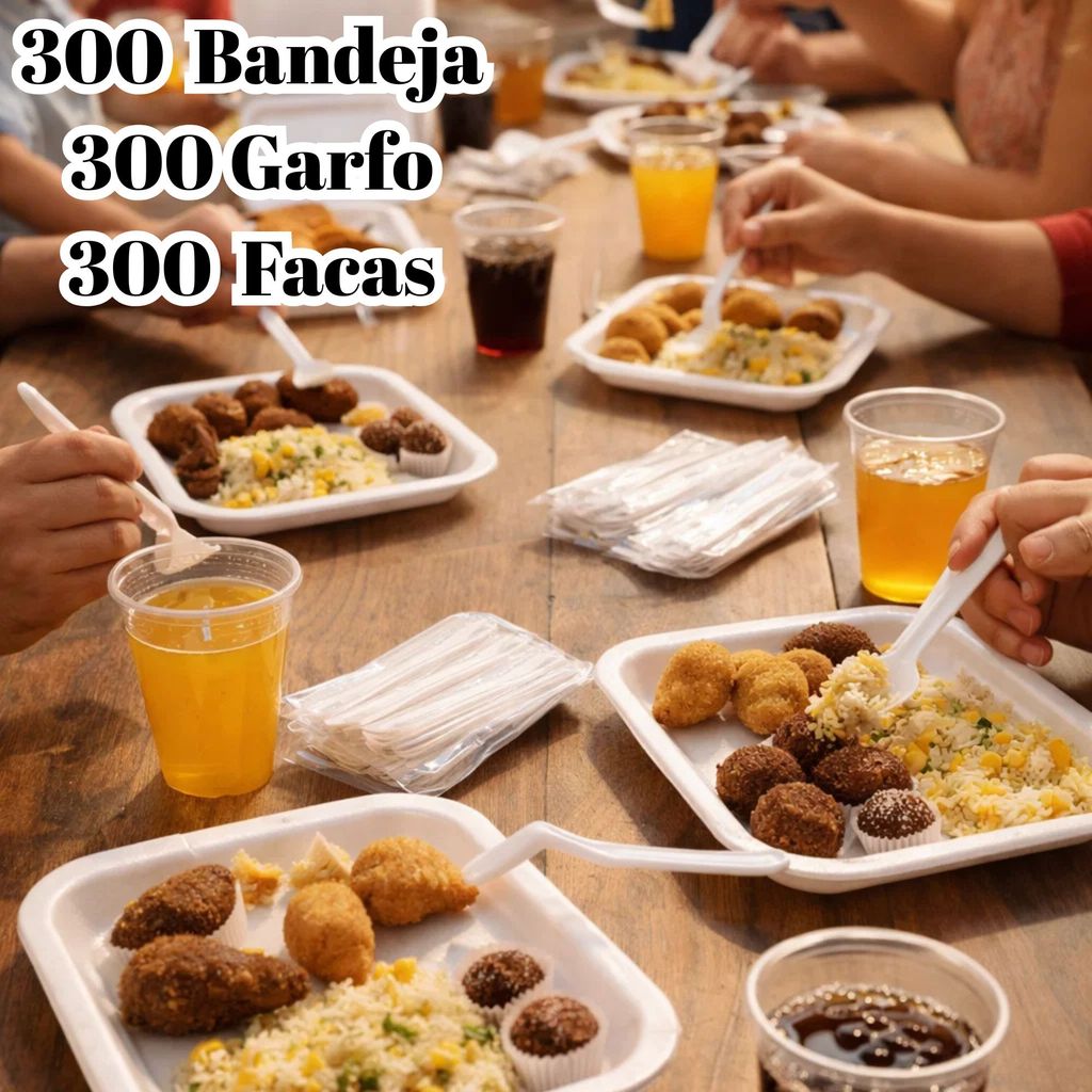 Kit Churrasco 300 Bandeja B2 + 300 Garfo +300 Faca Refeiçao Descartavel