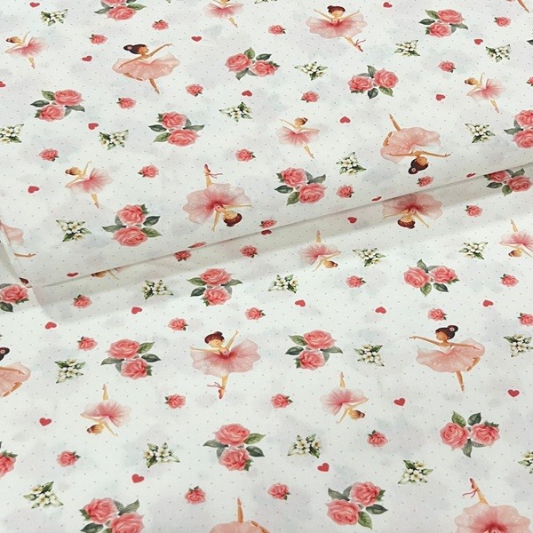 Tecido Tricoline Rotativo Bailarina e Flores Fundo Branco em Oferta na Shopee