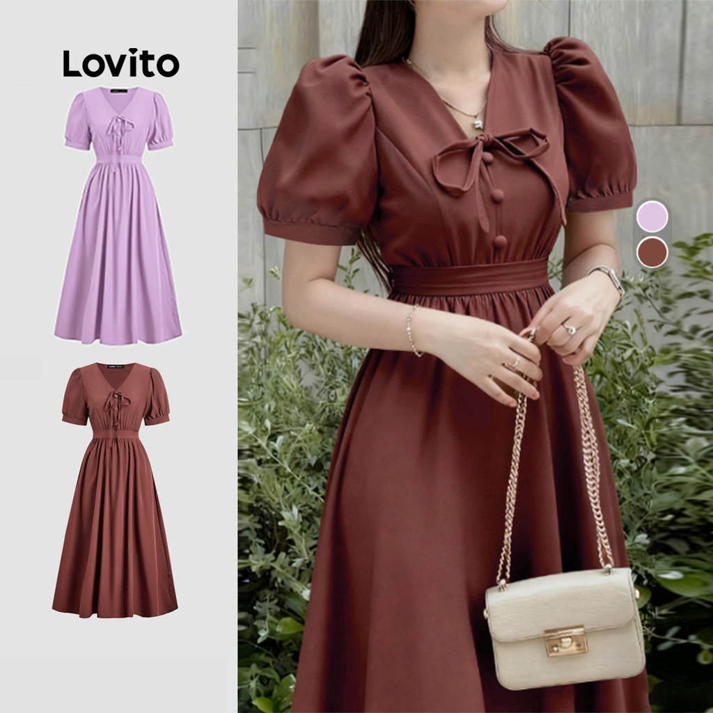 Lovito Vestido Vintage com Zíper Primavera/verão Marrom para Mulheres LK2ED160 em Oferta na Shopee