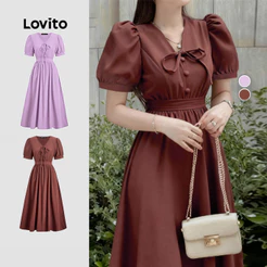 Lovito Elegante Vestido Vintage Com Zíper Primavera/Verão Marrom Feminino LK2ED160