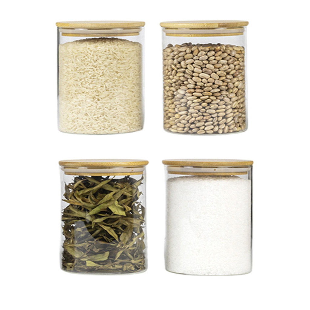 Kit 4 Potes Hermeticos De Vidro Tampa De Bambu Utensilio Organizador Geladeira Conserva Milho Temperos Arroz