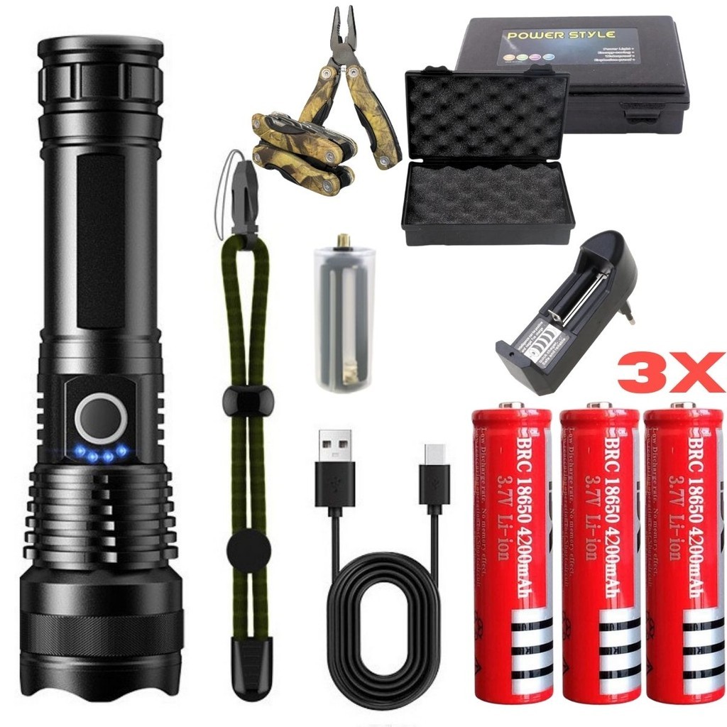 Lanterna Tática Super Potente T9 em Liga de Alumínio Kit Alfa + Mini Alicate Multiferramentas