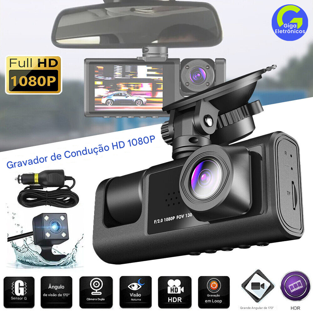 Câmera Automotiva com Wi-Fi - Gravação Tripla HD 1080P Dianteira, Traseira e Interna  Armaz 64GB