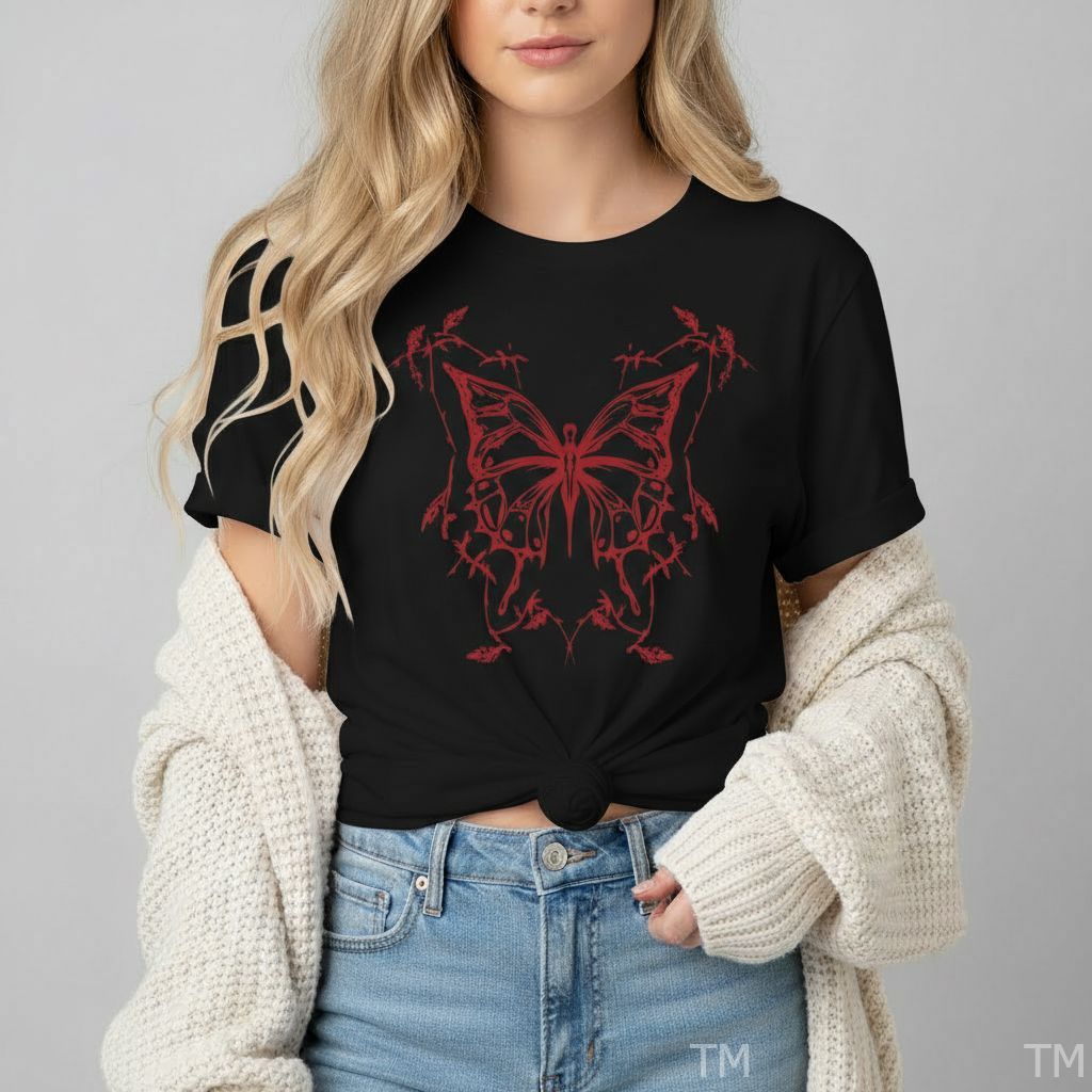 Camiseta Feminina Elegante Casual Estampada Borboleta Abstrata Confortável Para Mulher