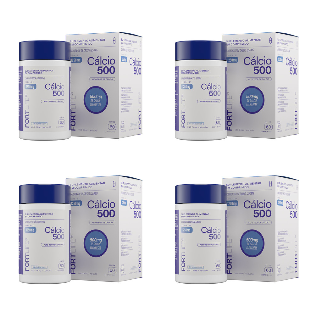 Kit 4 Cálcio 500 - Carbonato de Cálcio 1250mg 60 Comprimidos FortLife