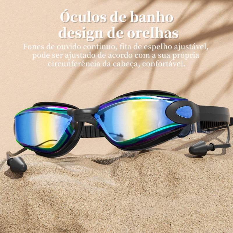 Detalhes do Óculos de banho + chapéu de banho Adultos Proteção UV Cor e Óculos De Natação + Touca Silicone Kit natação