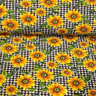 Tecido Tricoline Rotativo Floral Girassol Fundo Xadrez Marrom em Oferta na Shopee