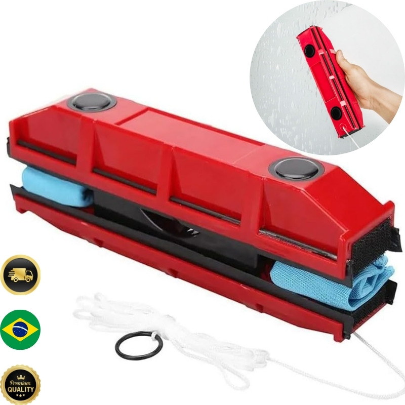 Rodo Magnético Limpador de Vidros Dupla Face – Super Ímã | Com Cordão de Segurança (até 10mm)