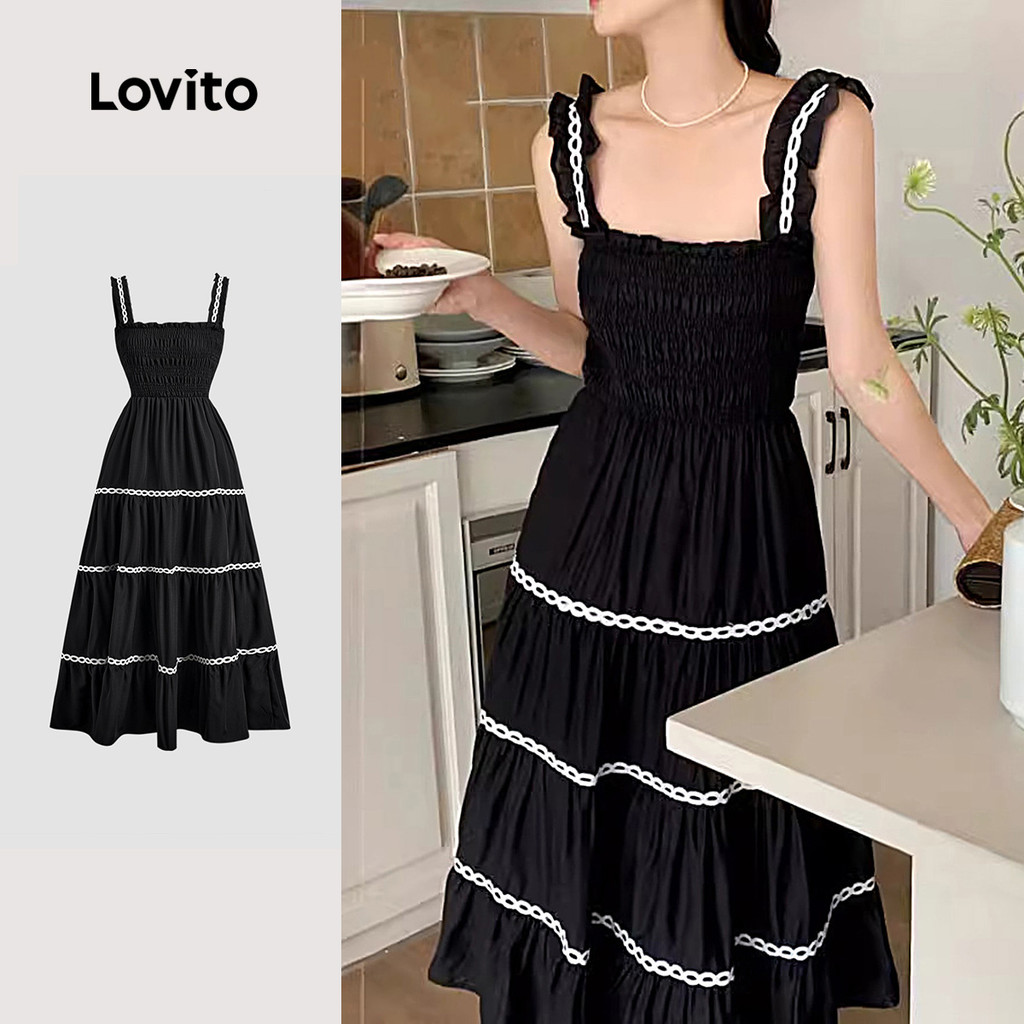 Lovito Vestido Boho com Franzido Fita de Contraste Babados Boa Textura Primavera/verão Vestido preto L138ED459