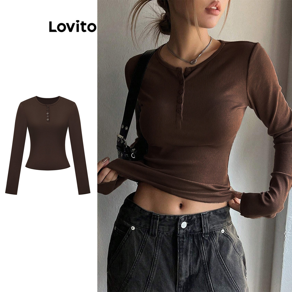 Lovito Camiseta Casual Com Botões Lisos Para Mulheres L106AD183 em Oferta na Shopee