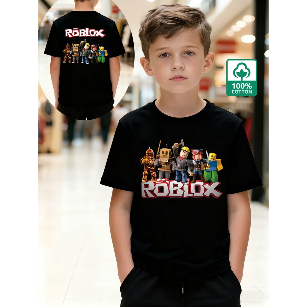 T-shirt Infantil | Estampado de Personagem de Jogo Roblox para Meninos, Preto de Manga Curta | Casual Versátil  Aplique 