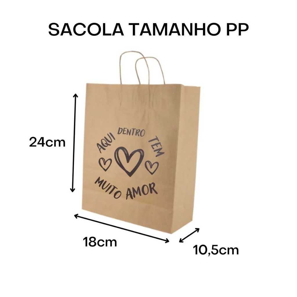 SACOLA KRAFT PAPEL CORAÇÃO TAM PP KIT 100 UNIDADES ALÇA REFORÇADA