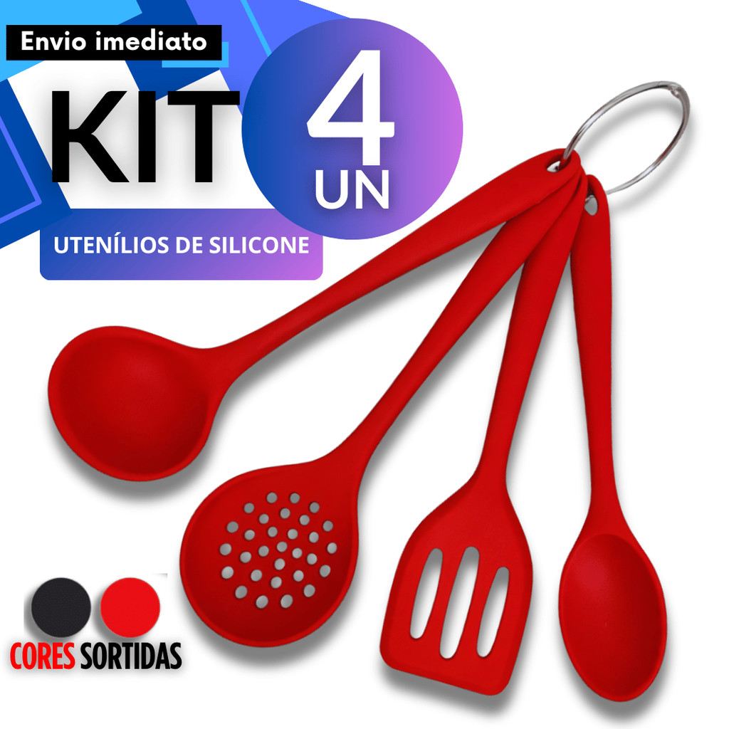 Kit 4 Utensílios de Silicone Cozinha Não Risca Panela Antiaderente Colher Concha Espátula