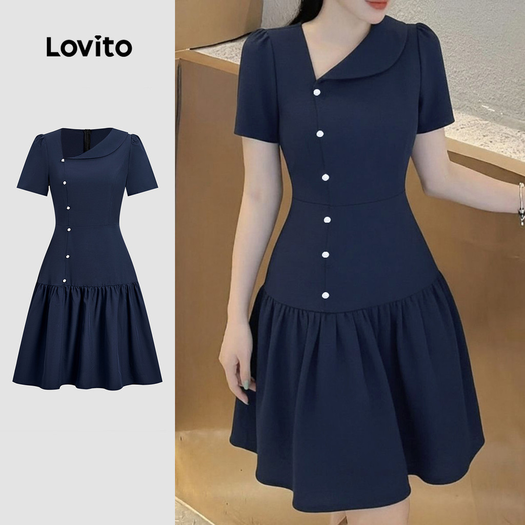 Lovito  Vestido Elegante Botão Assimétrico Frente Babado Bainha Primavera/verão Azul Marinho para Mulheres L172LD1952 em Oferta na Shopee