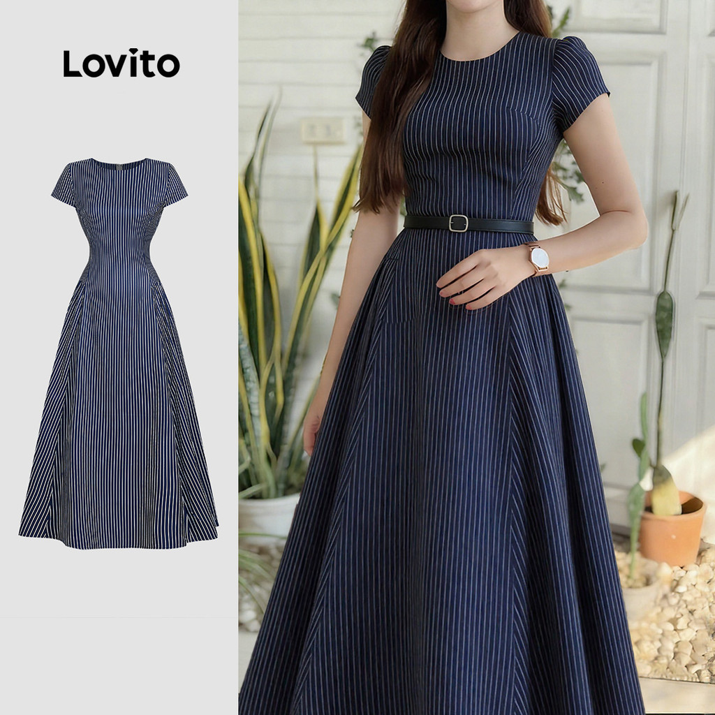 Lovito  Vestido Elegante com Zíper Pregueado Primavera/verão Azul Escuro para Mulheres LBL32167 em Oferta na Shopee