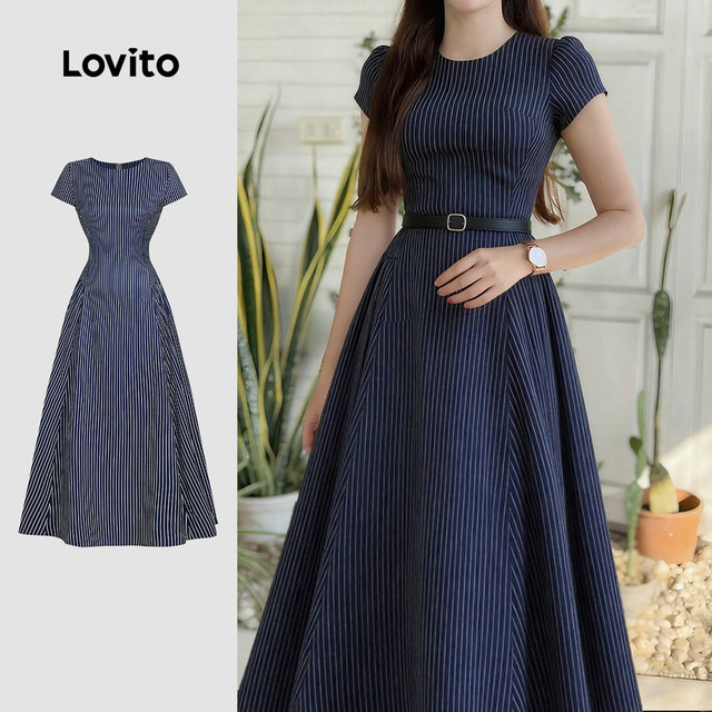 Lovito Listrado Elegante Vestido com Zíper Pregueado Primavera/verão Azul Escuro para Mulheres LBL32167