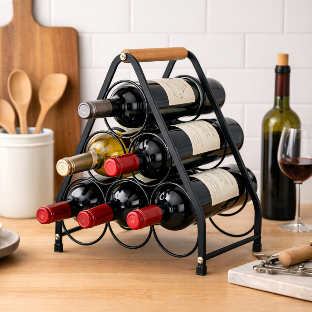 Porta Garrafas de Vinho 6 Lugares Preto com Alça de Madeira – Suporte Metálico de Mesa em Oferta na Shopee