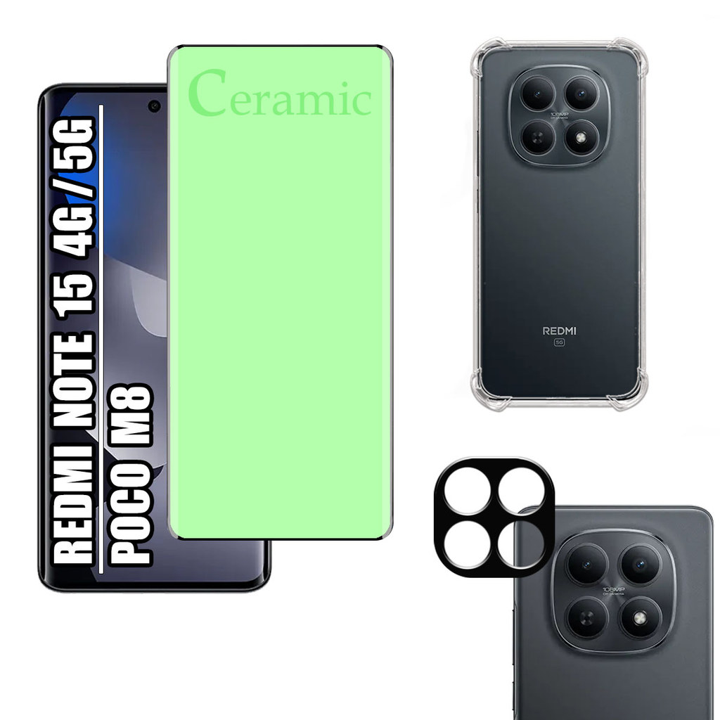 KIT Para Redmi Note 15 4G/5G | Poco M8 - Película de Cerâmica 9D + Capa + Câmera