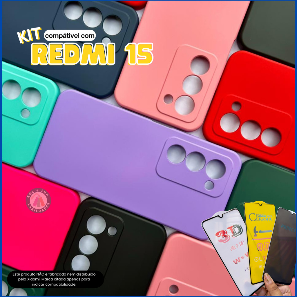 Kit Capa Capinha compatível com Xiaomi Redmi 15 + Película 3D Cerâmica Privacida