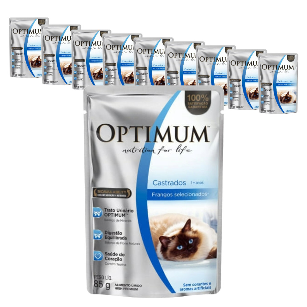 Ração Úmida Optimum Sachê para Gatos Adultos Castrados sabor Frango 85g - KIT 10 unids
