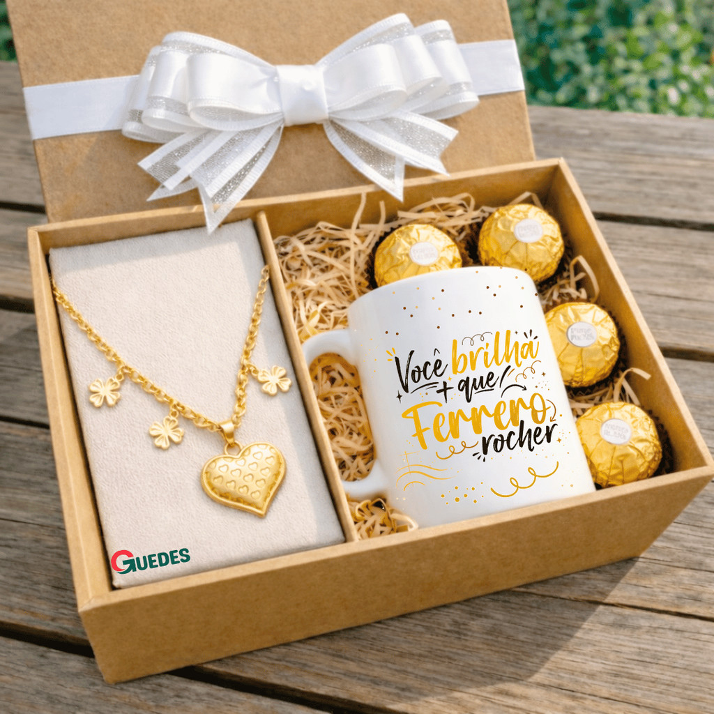 Kit Caixa Presente - Caneca + Colar Semijoia + Chocolate Ferrero Rocher - Personalizado