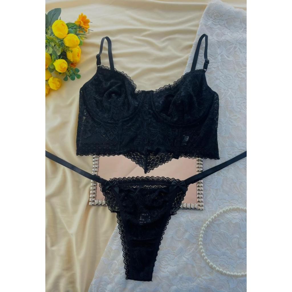 Lingerie Corset Sensual Feminina Sem Bojo Conjunto Renda + Calcinha Fio Dental Sexy Várias Cores