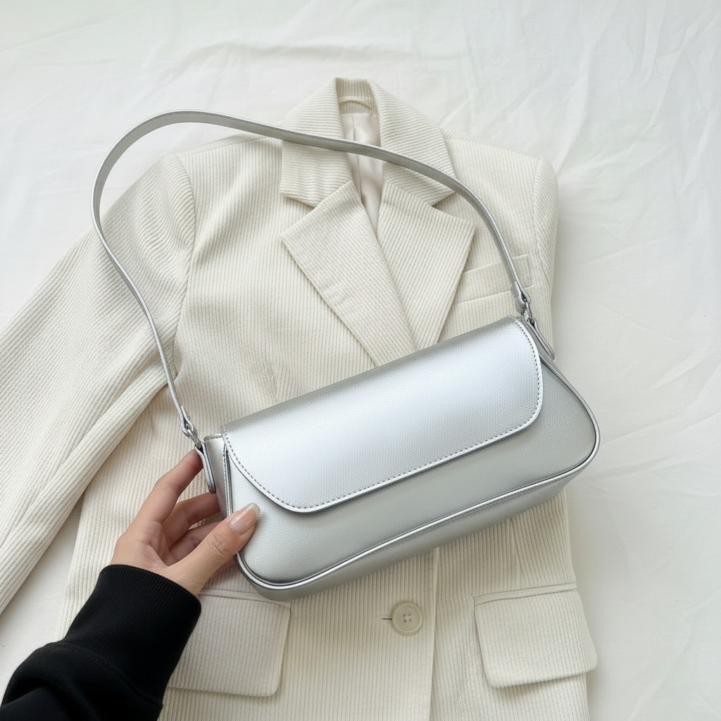 Bolsa Feminina Baguete Prata Prateada Alça De Ombro Fina Estilosa E Casual em Oferta na Shopee