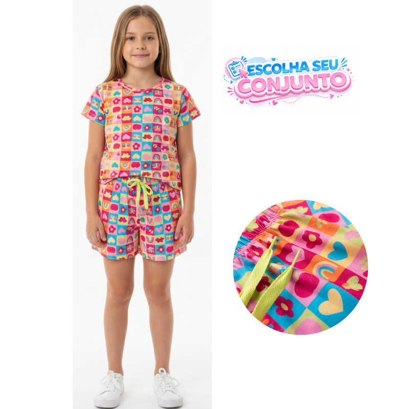 Conjunto Infantil Feminino Manga Curta Verão Colorido Estampa Corações Flores Arco-Íris Short Casual Tipo Pijama