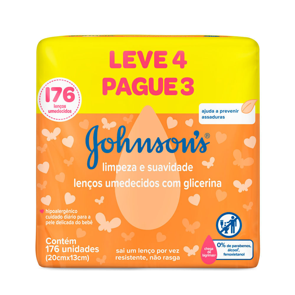 Lenços Umedecido Johnsons  com Glicerina Leve 4 pague 3 com 176 Unidades em Oferta na Shopee