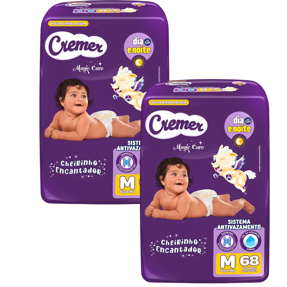 Kit 2 Fraldas Descartáveis Cremer Magic Care Hiper M 68 Tiras em Oferta na Shopee
