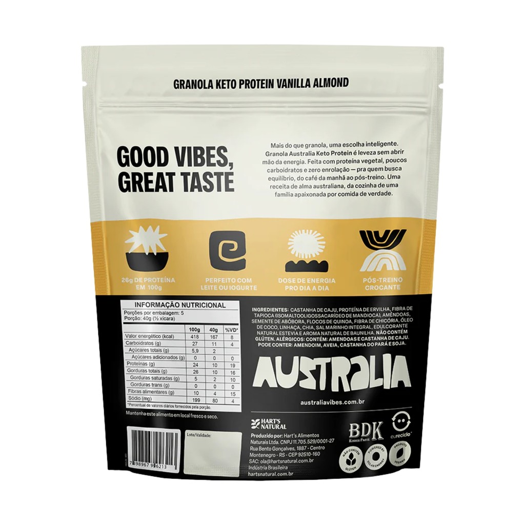 Kit com 5 Harts - Granola Australia Keto Protein - 200g - Vanilla Almond Crunch — imagem 2 de 2