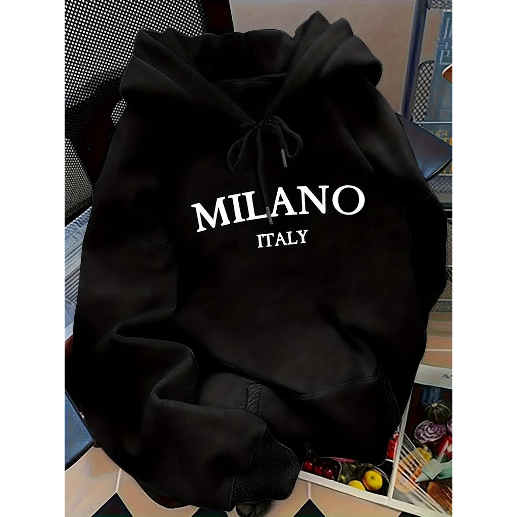 Blusa Casaco Moletom Frio Canguru Bolso Capuz Streetwear Casual feminino Unissex Estampa Milano italy Simples Minimal