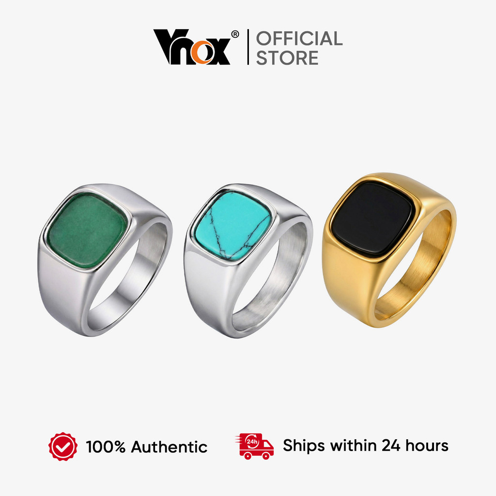 Anéis De Pedra Da Natureza Elegantes Vnox Para Homens , Anel De Sinete Quadrado Geométrico De Aço Inoxidável À Prova D'á