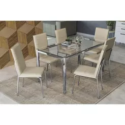 Sala de Jantar Completa Reno c/ Tampo de Vidro 150x80cm e 6 Cadeiras Amsterdã Cromada/Nude 16 - Kappesberg