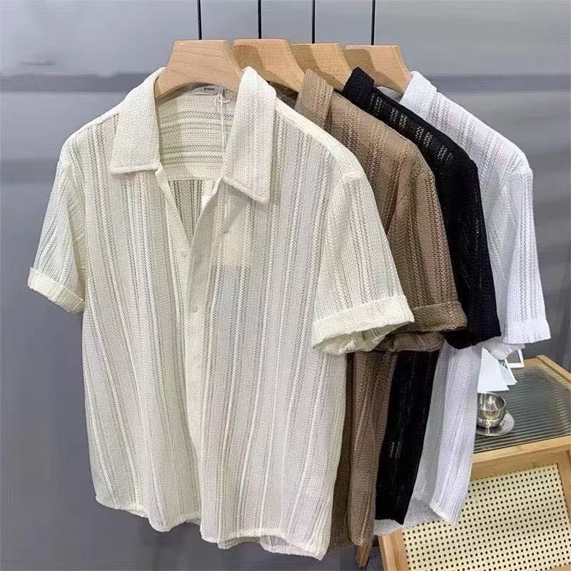 Textura Design camisa plissada masculina oco respirável camisa masculina camisa de manga curta textura masculina solta n